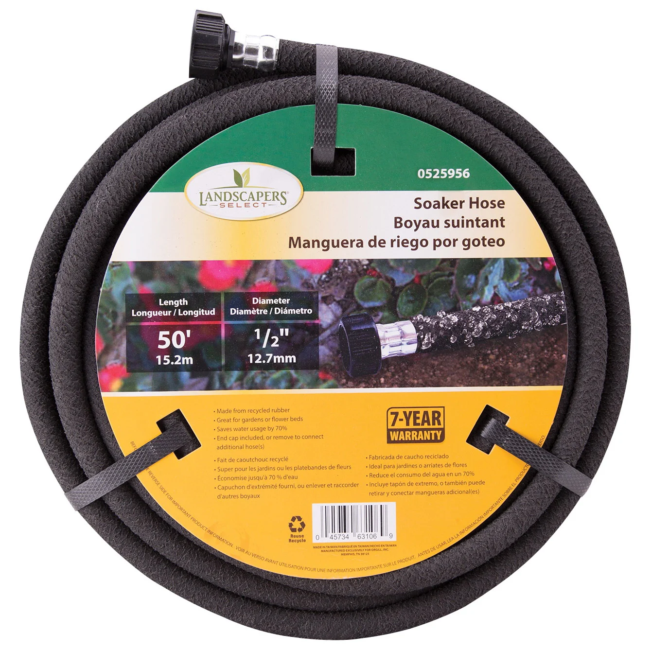 P174-161102 Soaker Hose, 50 ft L, Plastic Male and Female Couplings, Rubber, Black