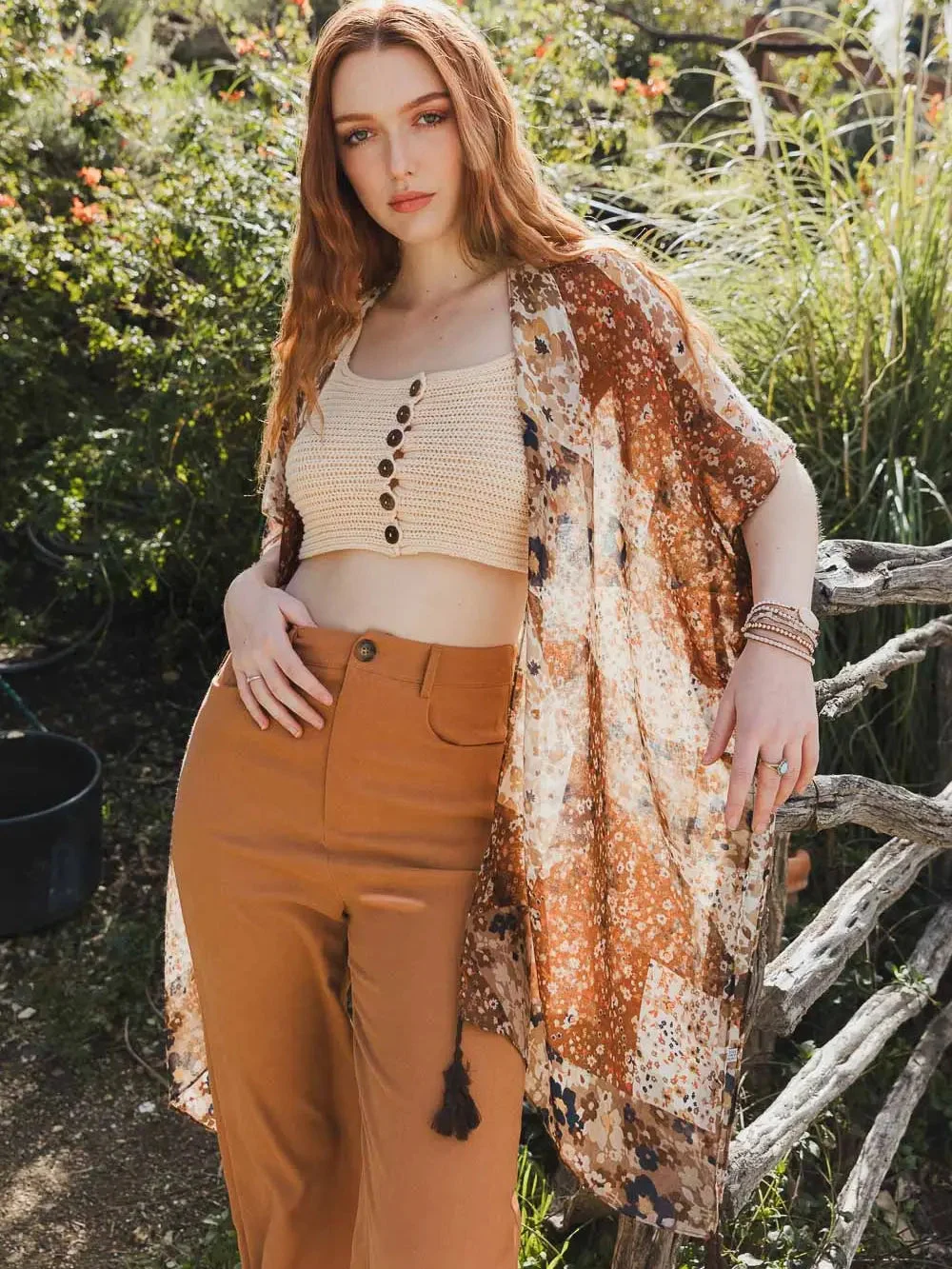 Meadow Patchwork Floral Kimono in Rust - Leto Accessories