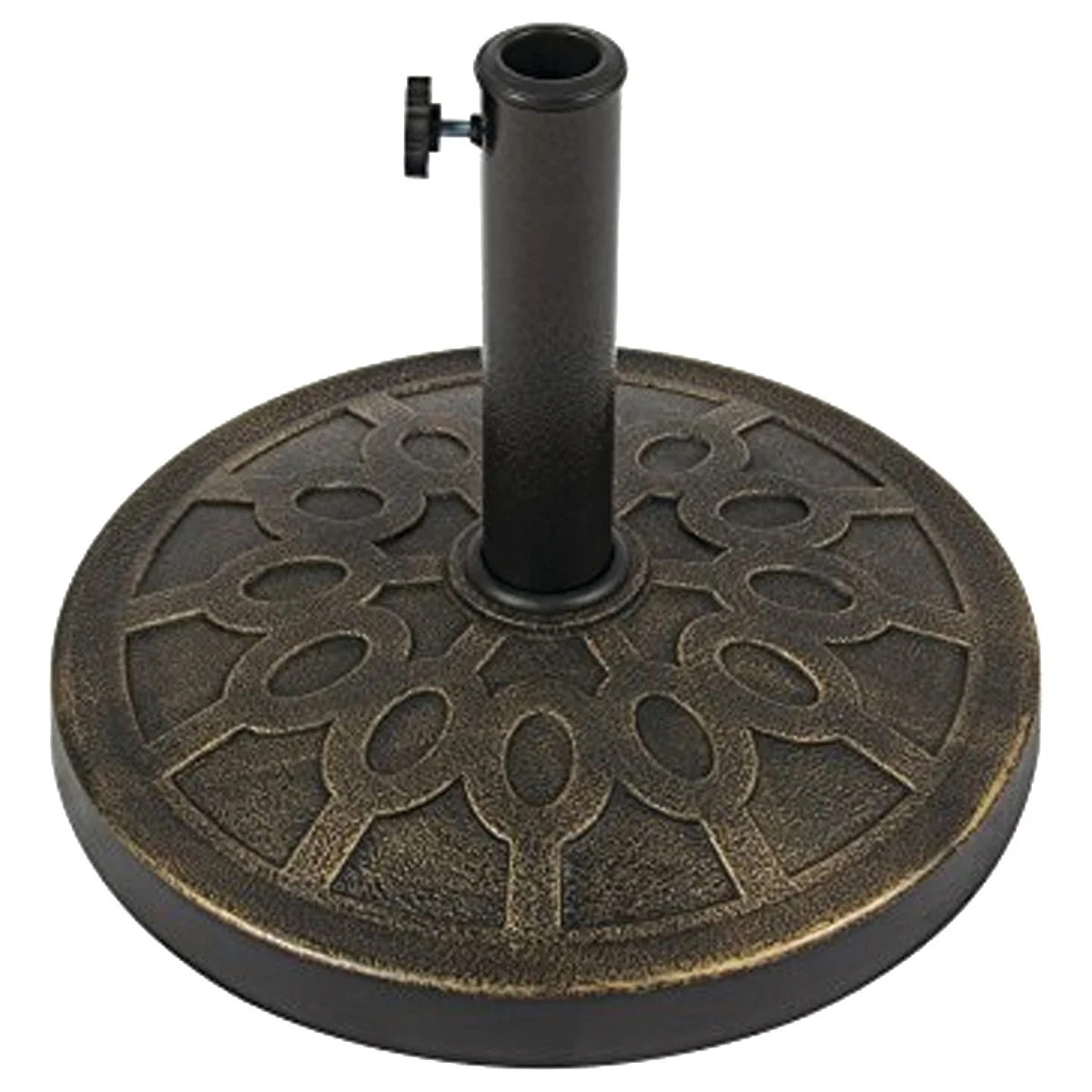Umbrella Base, 17-1/2 in Dia, 13 in H, Round, Plastic/Resin/Steel, Bronze