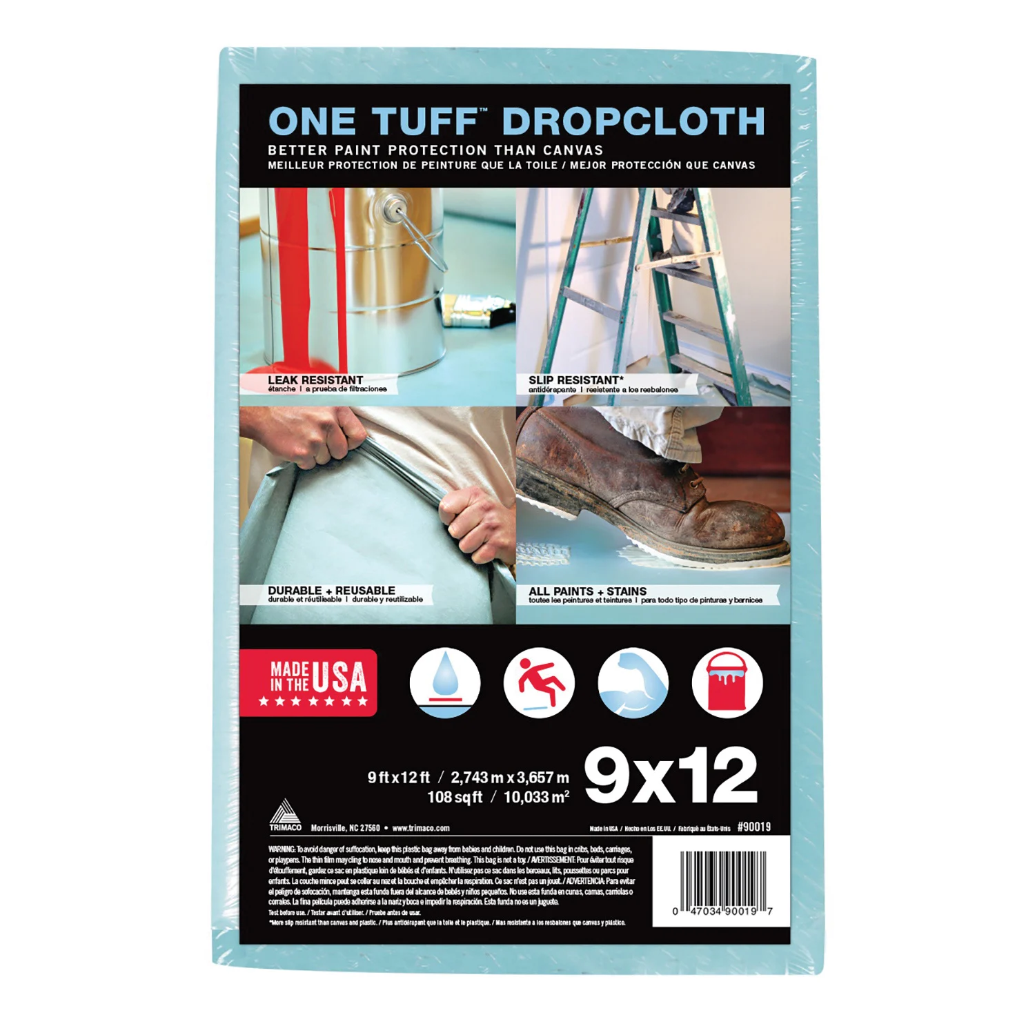 90099 Drop Cloth, 15 ft L, 4 ft W, 0.011 in Thick, Sontara Fabric, Blue - Trimaco