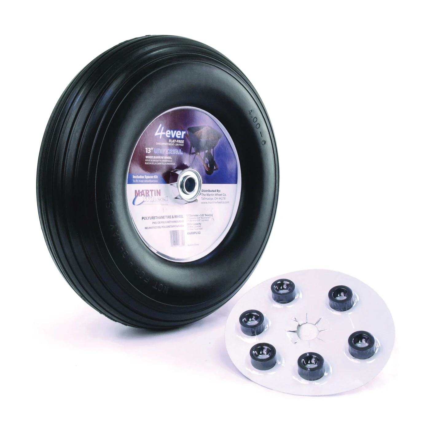 406RBPU32 Wheelbarrow Wheel with Universal Hub, 4 x 6 in Tire, 13 in Dia Tire, Ribbed Tread - MARTIN Wheel