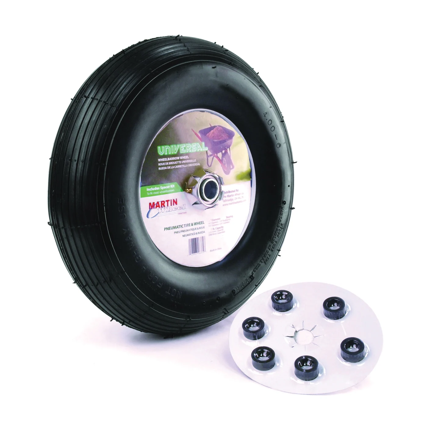 406TTRIB32 Wheelbarrow Wheel with Universal Hub, 13 in Dia Tire, 4 x 6 in Tire, Ribbed Tread - MARTIN Wheel