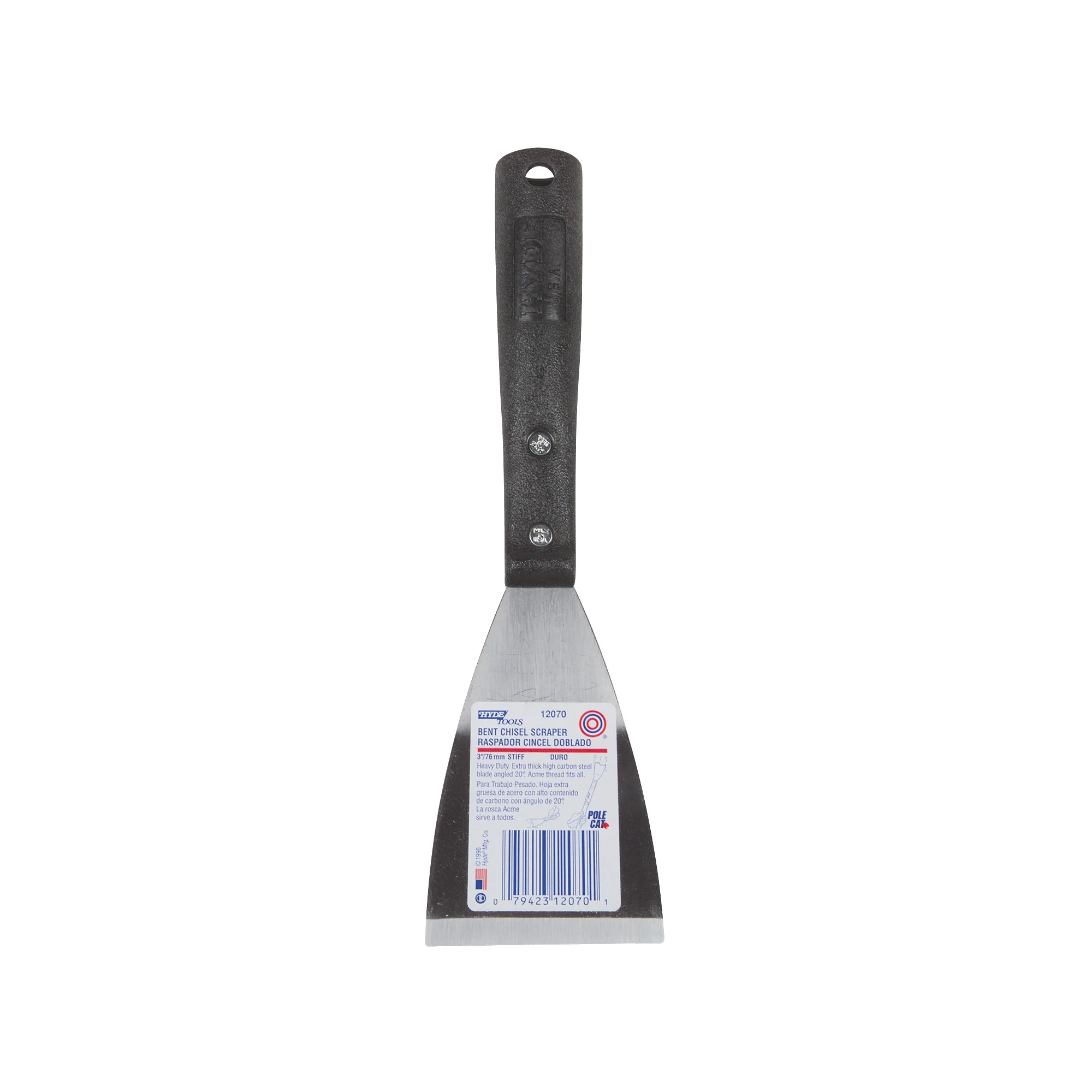 Poly Handle Series 12070 Paint Scraper, 3 in W Blade, Bent Chisel Blade, HCS Blade, Polypropylene Handle - Hyde