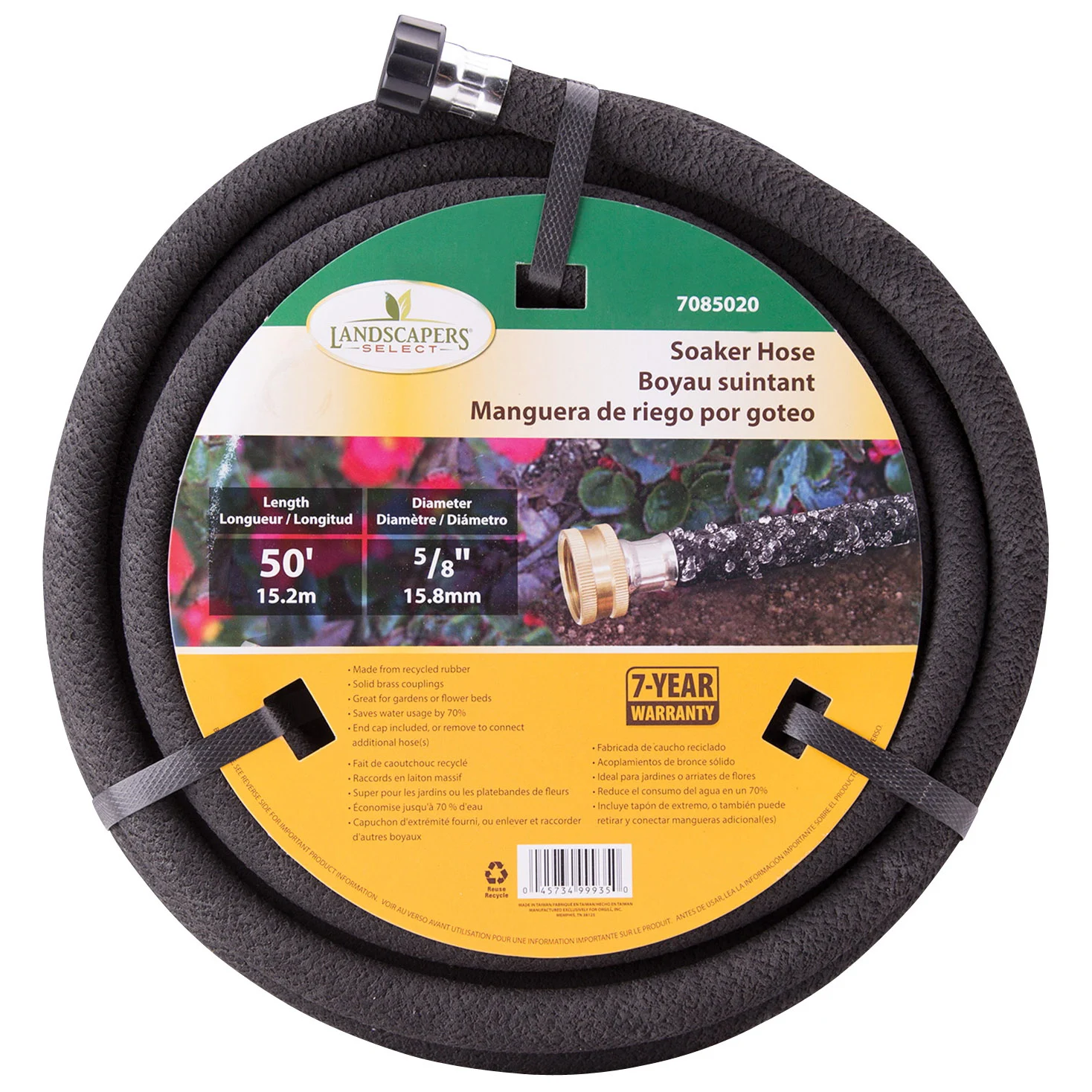 HOSE-50-B-53L Soaker Hose, 5/8 in, 50 ft L, Brass Male and Female Couplings, Rubber, Black
