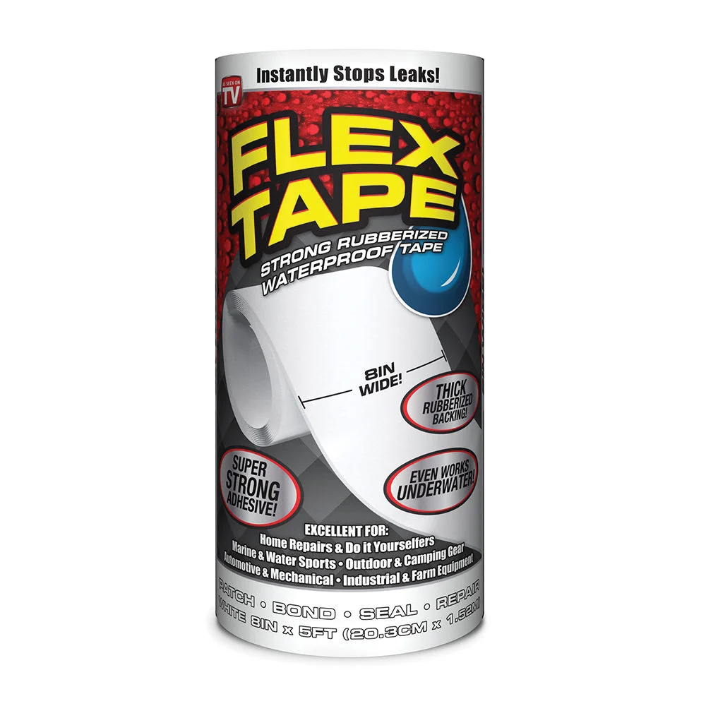 TFSWHTR0805 Tape, 5 ft L, 8 in W, Rubber Backing, White - Flex Tape