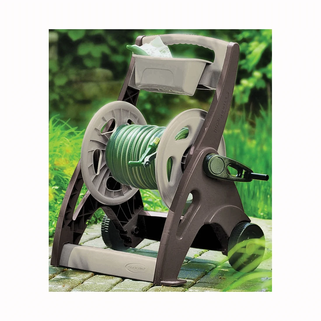 SFB200B Hose Reel Cart, Can Hold 225 ft of 5/8 in Hose, Crank Handle, Resin, Leader Hose Included - Suncast