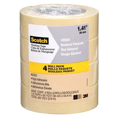 2020-36ECP Masking Tape, 60 yd L, 1.4 in W, 0.13 mm Thick, Crepe Paper Backing, Tan