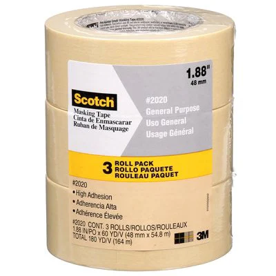 2020-48ECP Masking Tape, 60 yd L, 1.89 in W, 0.13 mm Thick, Crepe Paper/Rubber Backing, Tan
