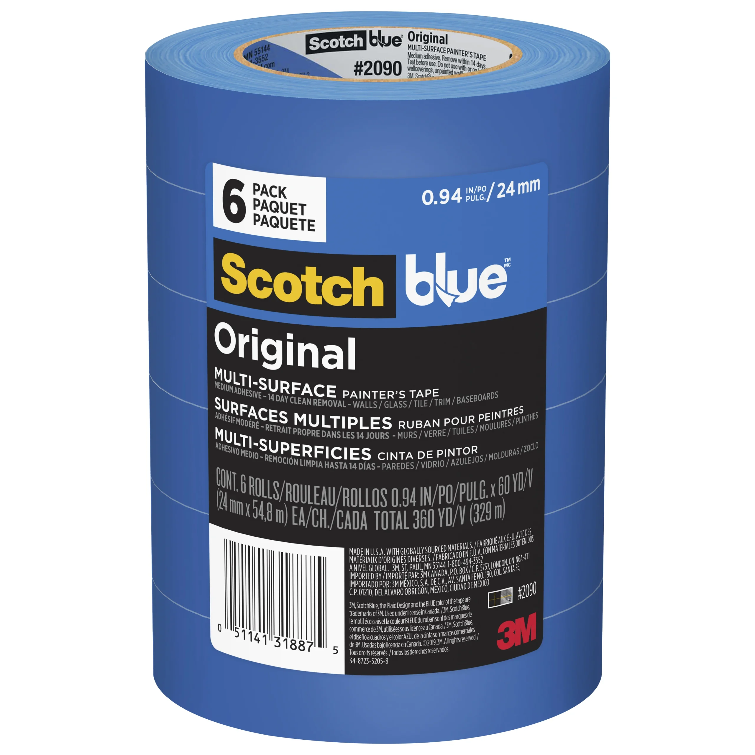 2090-24EVP Painter's Tape, Original Multi-Surface, 60 yd L, 0.94 in W, Crepe Paper Backing, Blue, 6/PK