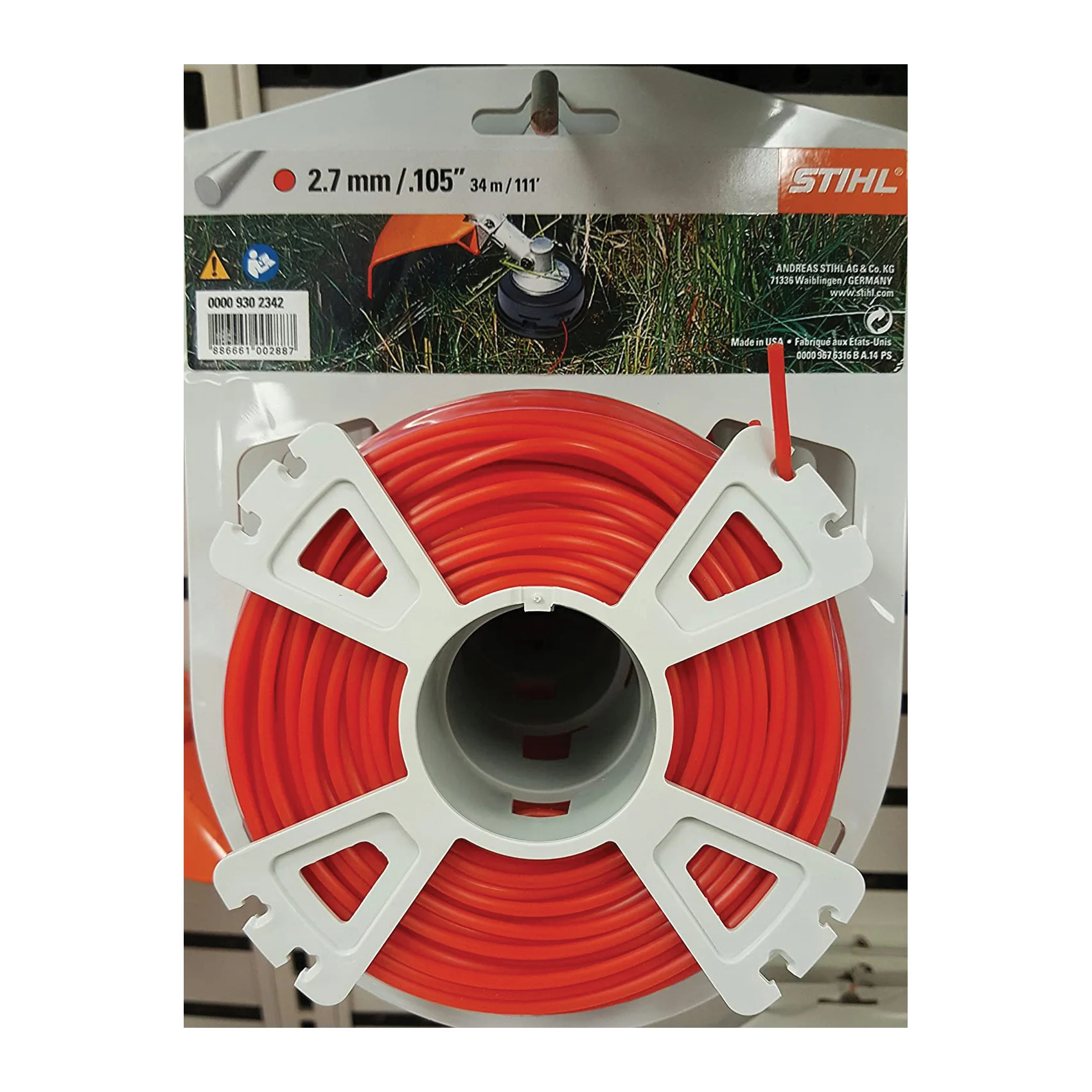 0000 930 2343 Round Mowing Line, 2.7 mm Dia, 65 m L, Nylon, Red - Stihl