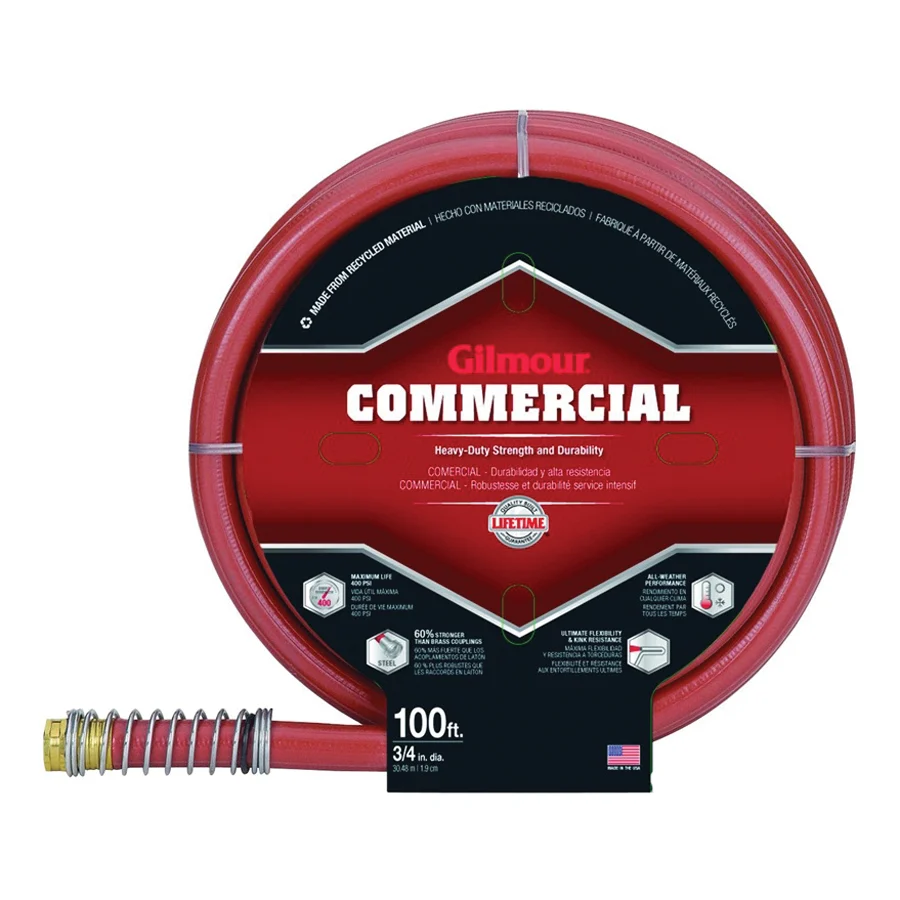 841001-1001 Heavy-Duty Garden Hose, 3/4 in, 100 ft L, Rubber/Vinyl, Red