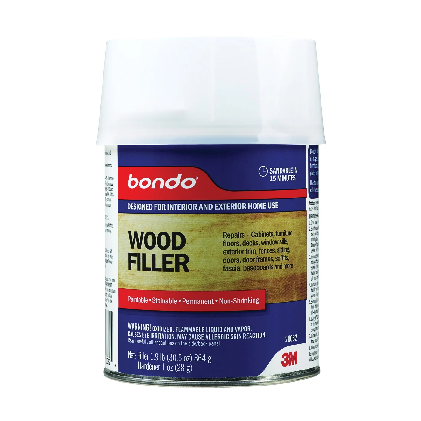 20082 Wood Filler, Paste, Pungent Styrene, Yellow, 1 qt Can - Bondo
