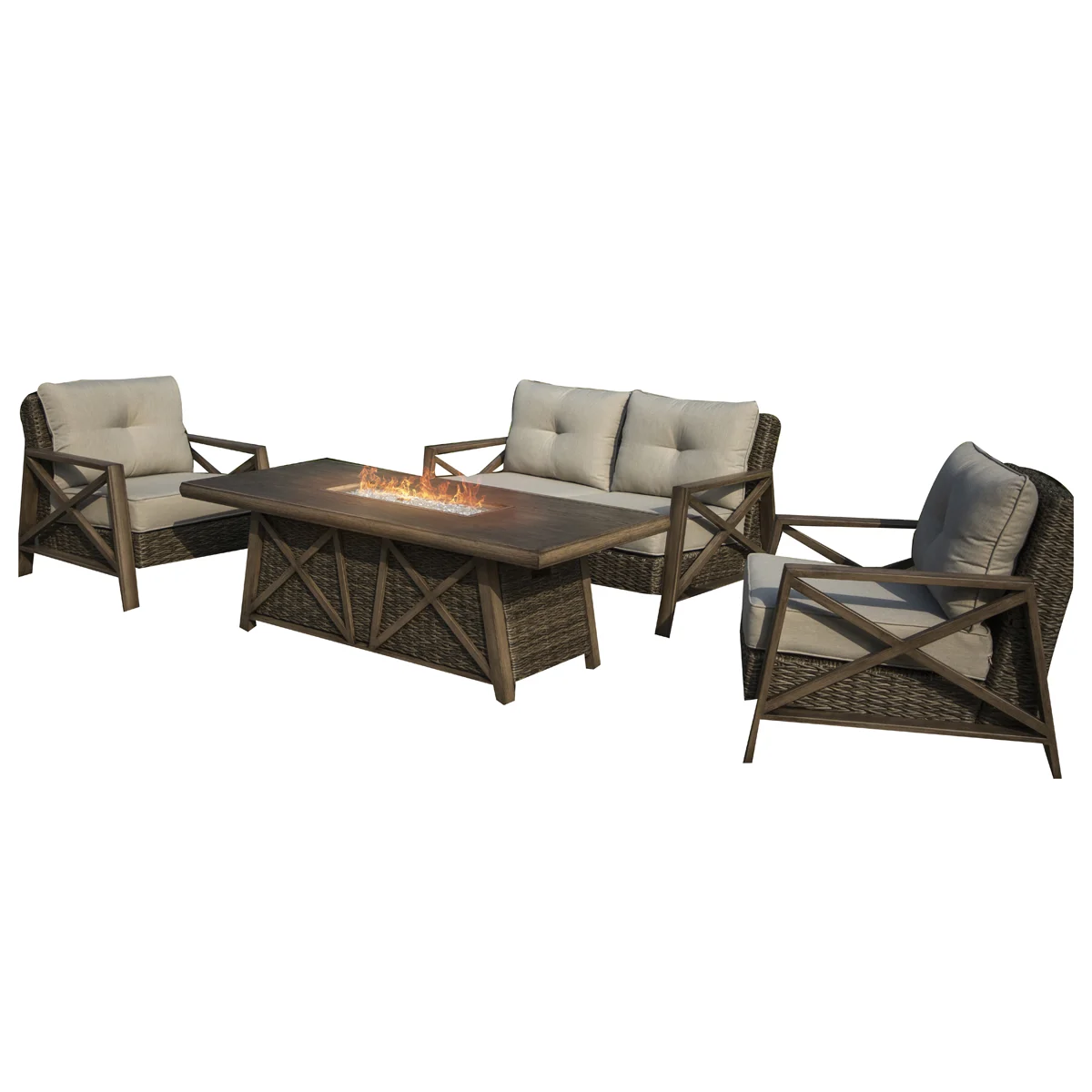 MS22002 Yukon Deep Seating Fire Pit Set with 72 in Table, Aluminum Frames/Woven Wicker, Natural White - Seasonal Trends