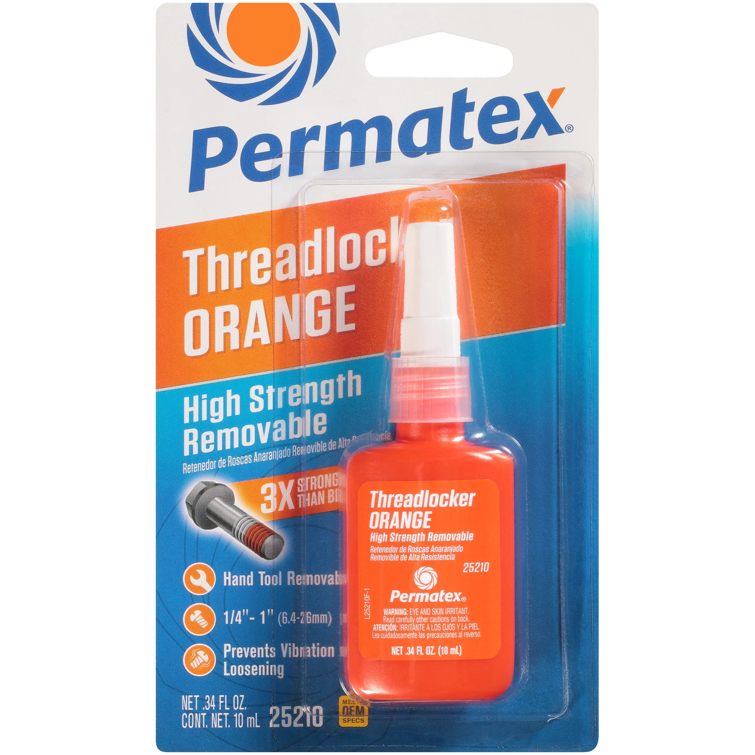 25210 Thread Locker, Orange, Liquid, 10 mL Bottle - Permatex