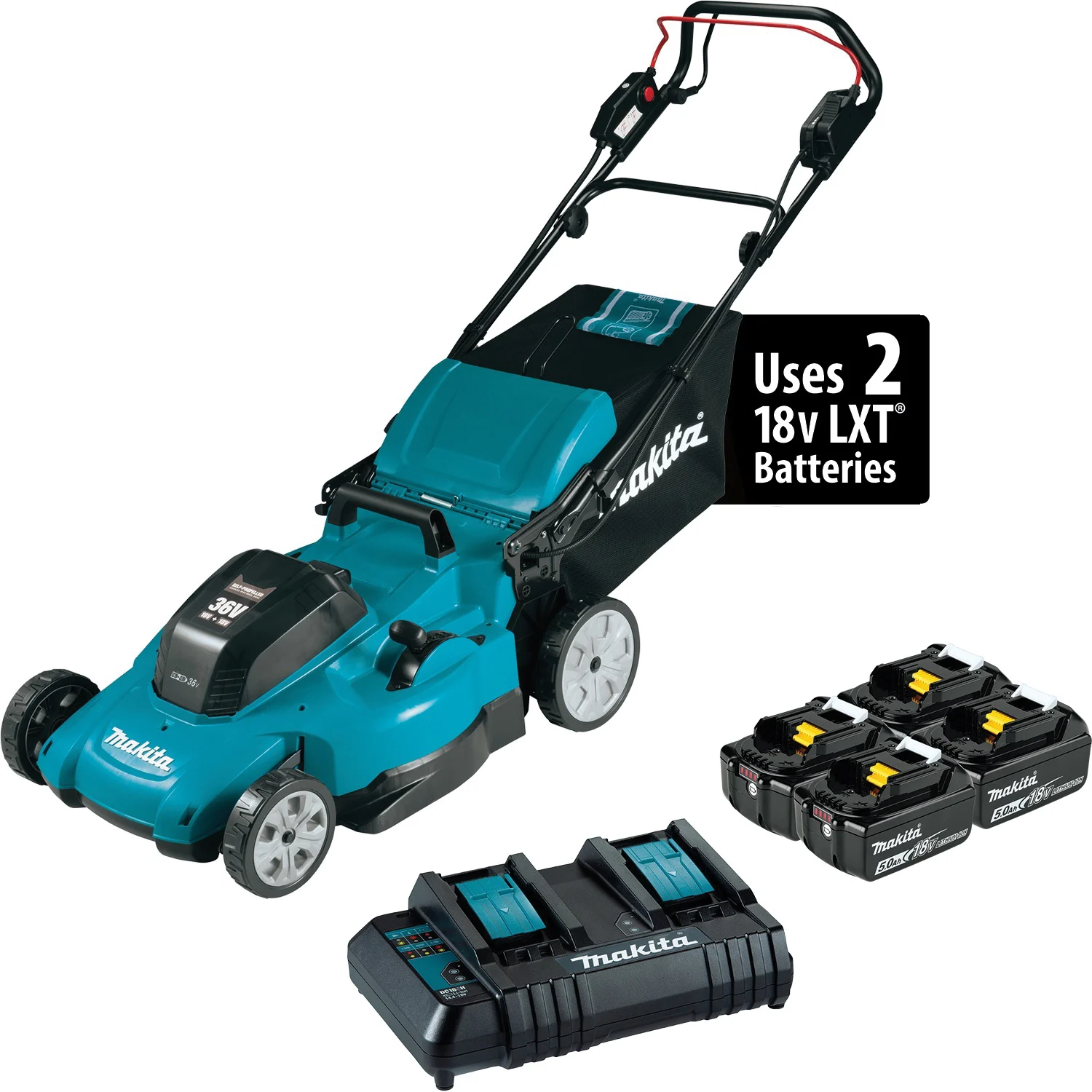 LXT XML11CT1 Cordless Lawn Mower Kit, Self-Propelled, Battery Included, 5 Ah, 36 V, Lithium-Ion, 21 in W Cutting, 1-Blade