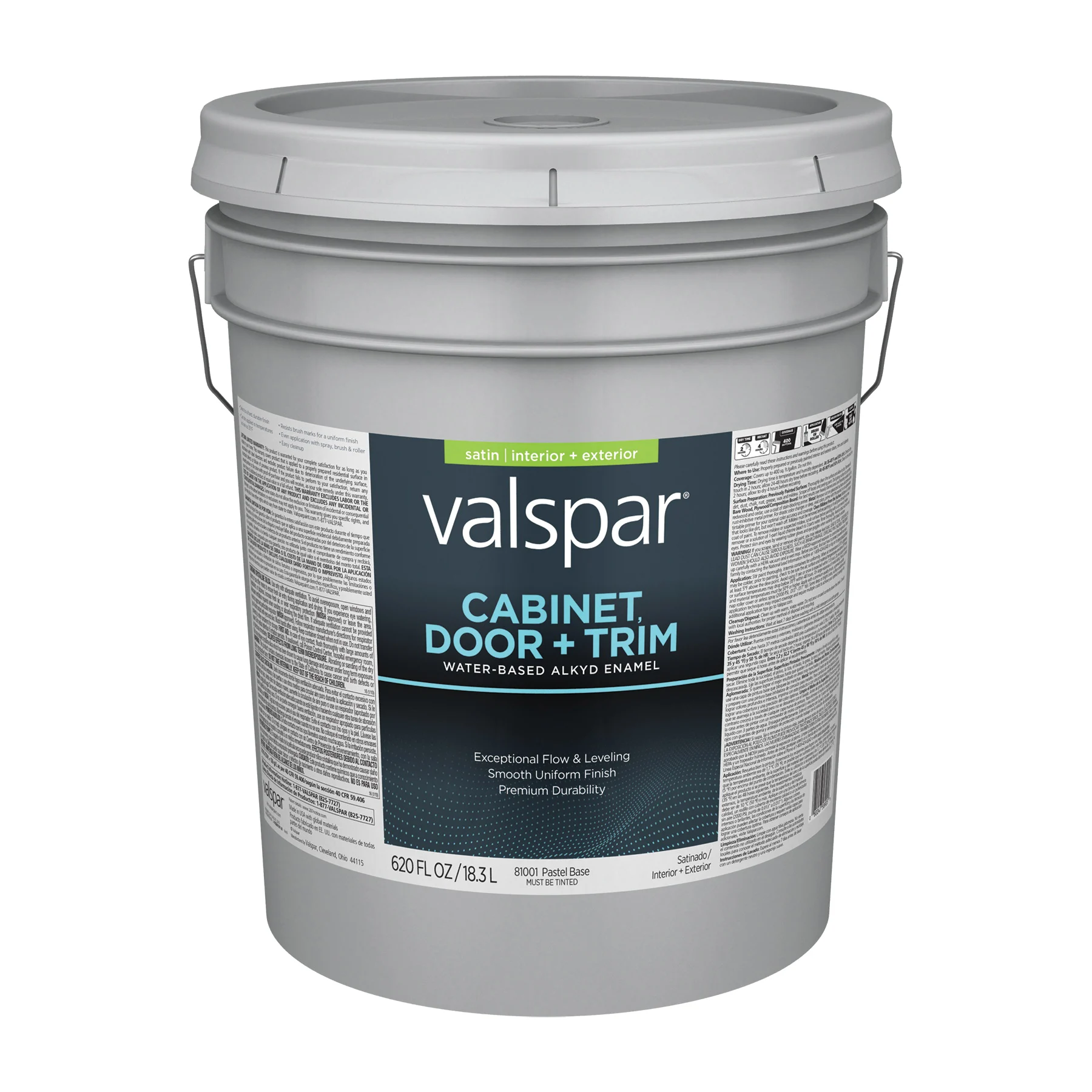 8100 Series 028.0081001.008 Cabinet, Door and Trim Enamel Paint, Tintable Water Base, Satin Sheen, Pastel Base, 5 gal, Pail - Valspar