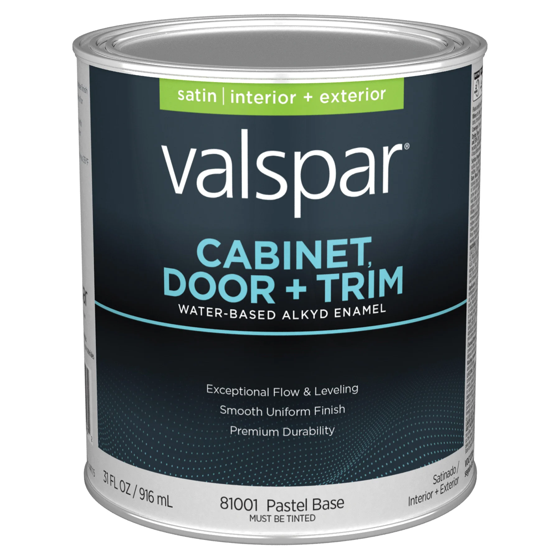 8100 Series 028.0081001.005 Cabinet, Door and Trim Enamel Paint, Tintable Water Base, Satin Sheen, Pastel Base, 1 qt, Can - Valspar