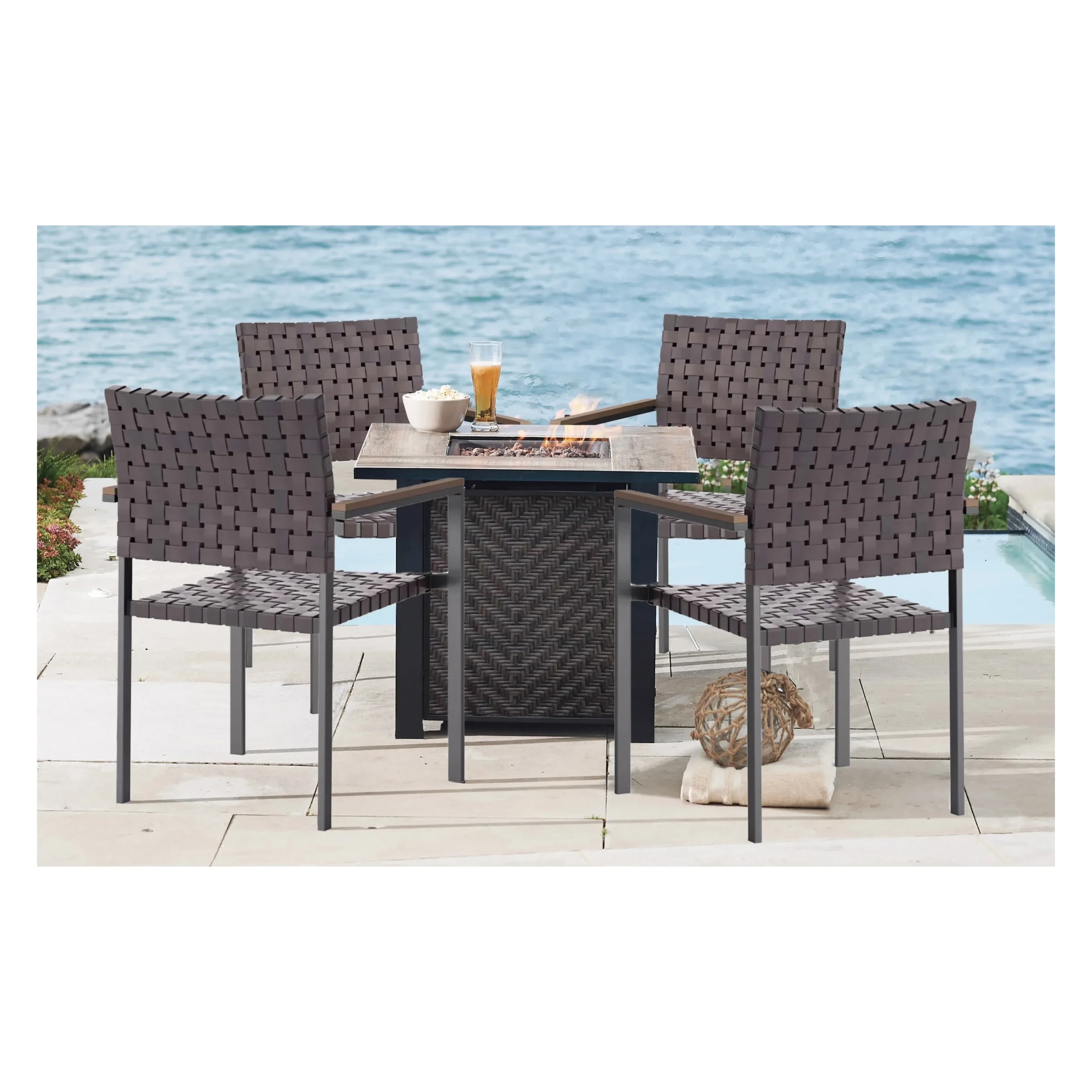 141607 Madrid Fire Chat Set, Fire Chat Set, Ceramic Tile/Steel/Wicker, Brown, Powder-Coated