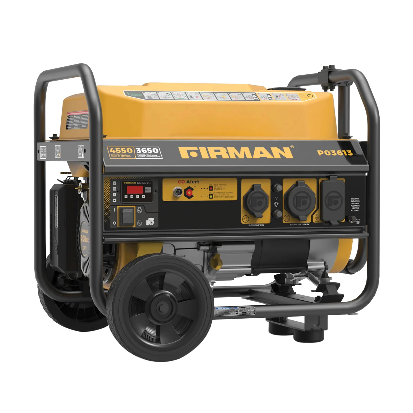 P03613 Portable Generator with CO Alert, 30 A, 120 VAC, 4550/3650 w Gasoline, 5 gal Tank, 14 hr Run Time, Recoil Start - Firman