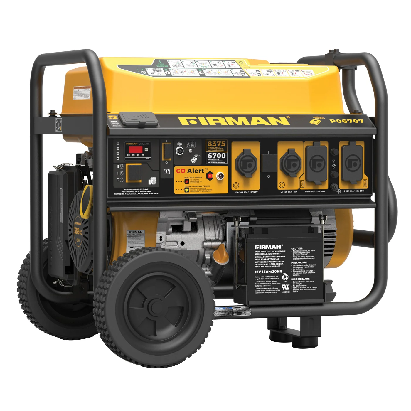 P06707 Portable Generator, 30 A, 1200/240 V, 8375/6700 W Output, Gas, 13 hr Run Time, Electric, Remote, Recoil Start - Firman