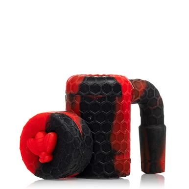 Black and Red Silicone Reclaim Catcher: 14mm Male 90 Degree Pipe Joint to 14mm Female Banger Joint - VapeBrat