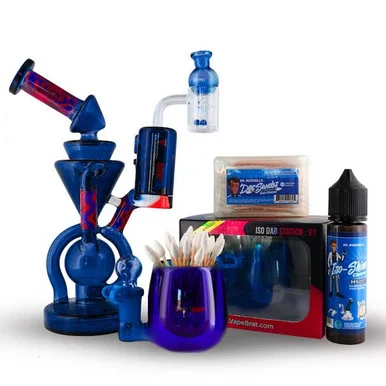 Complete Starter Blue Dab Rig Kit: Recycler with Quartz Banger, Dab Catcher, and Cleaning Kit - VapeBrat