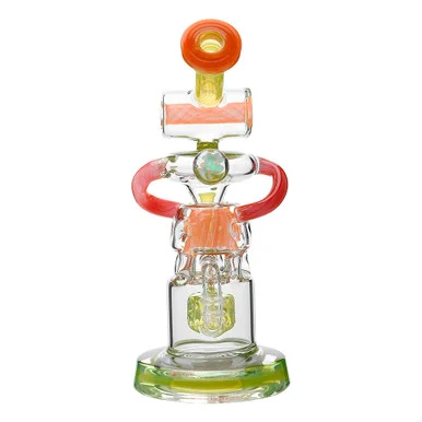 Opal Dab Rig: 8" Recycler with Fab and Donut Recycler w/ Bent Neck: Neon Summer Rig - VapeBrat