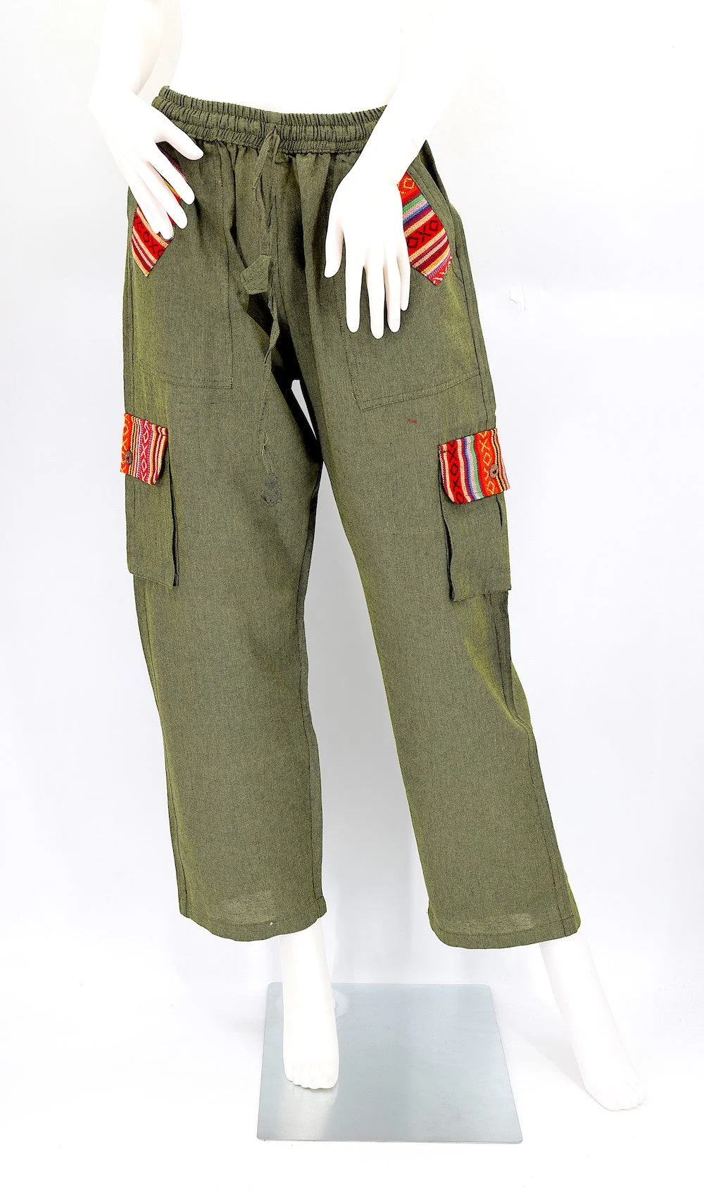 Green Boho Cargo Pants with Gheri Accents and Pockets - HIMALAYA HANDMADE LLC