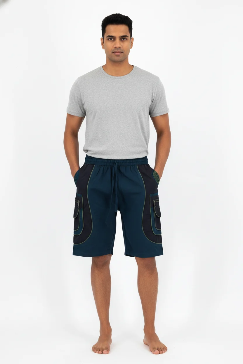 Flower of Life Cargo Shorts in Teal - HIMALAYA HANDMADE LLC