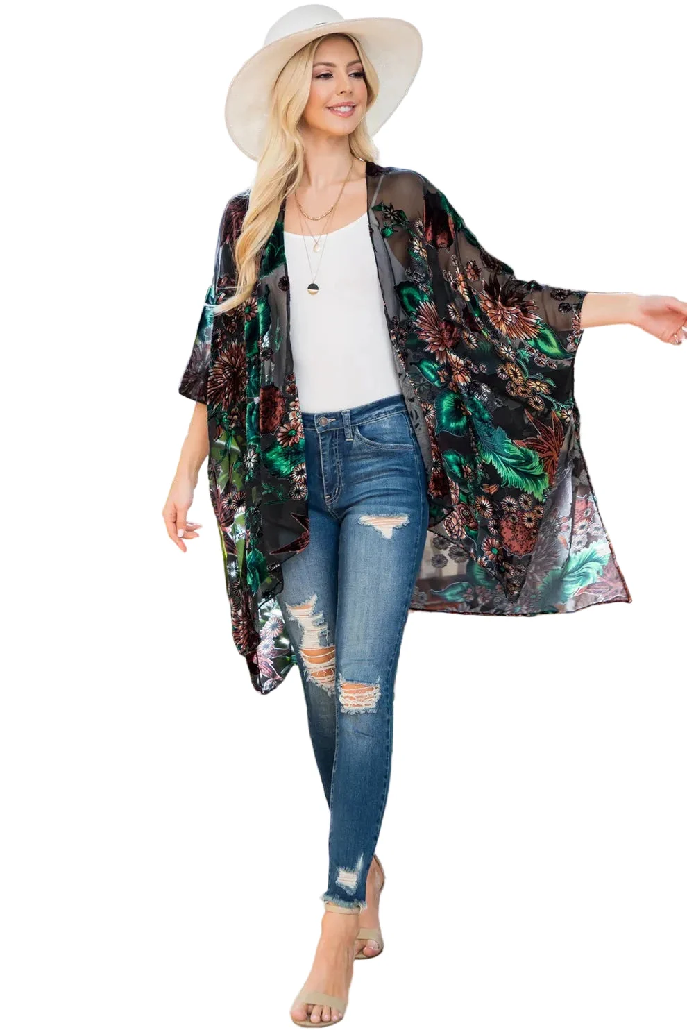 Forest Floral Burnout Velvet Kimono - LA Soul