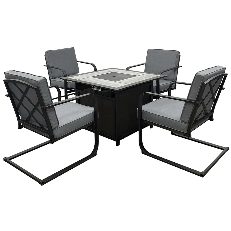 SH22SK0490 Venice Spring Patio Set w/Firepit Table, Cushion/Steel/Tile, Gray, Powder-Coated