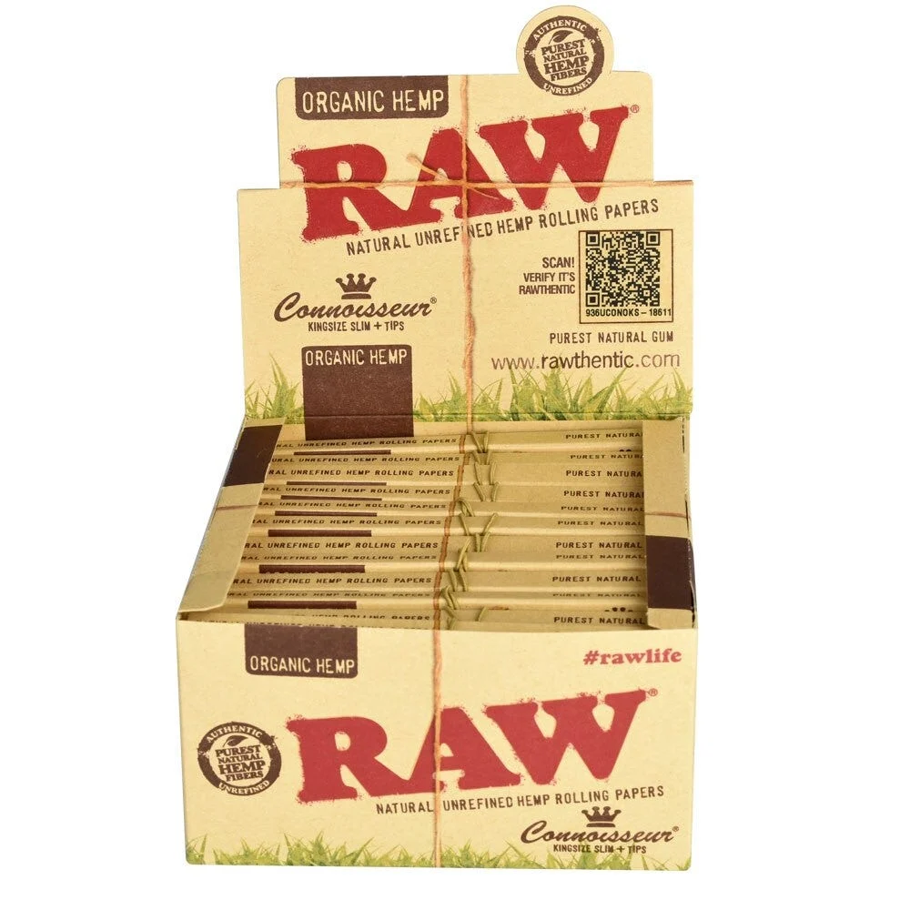 RAW Connoisseur Organic Hemp Rolling Papers & Tips | King Size Slim | 24pk Display - New