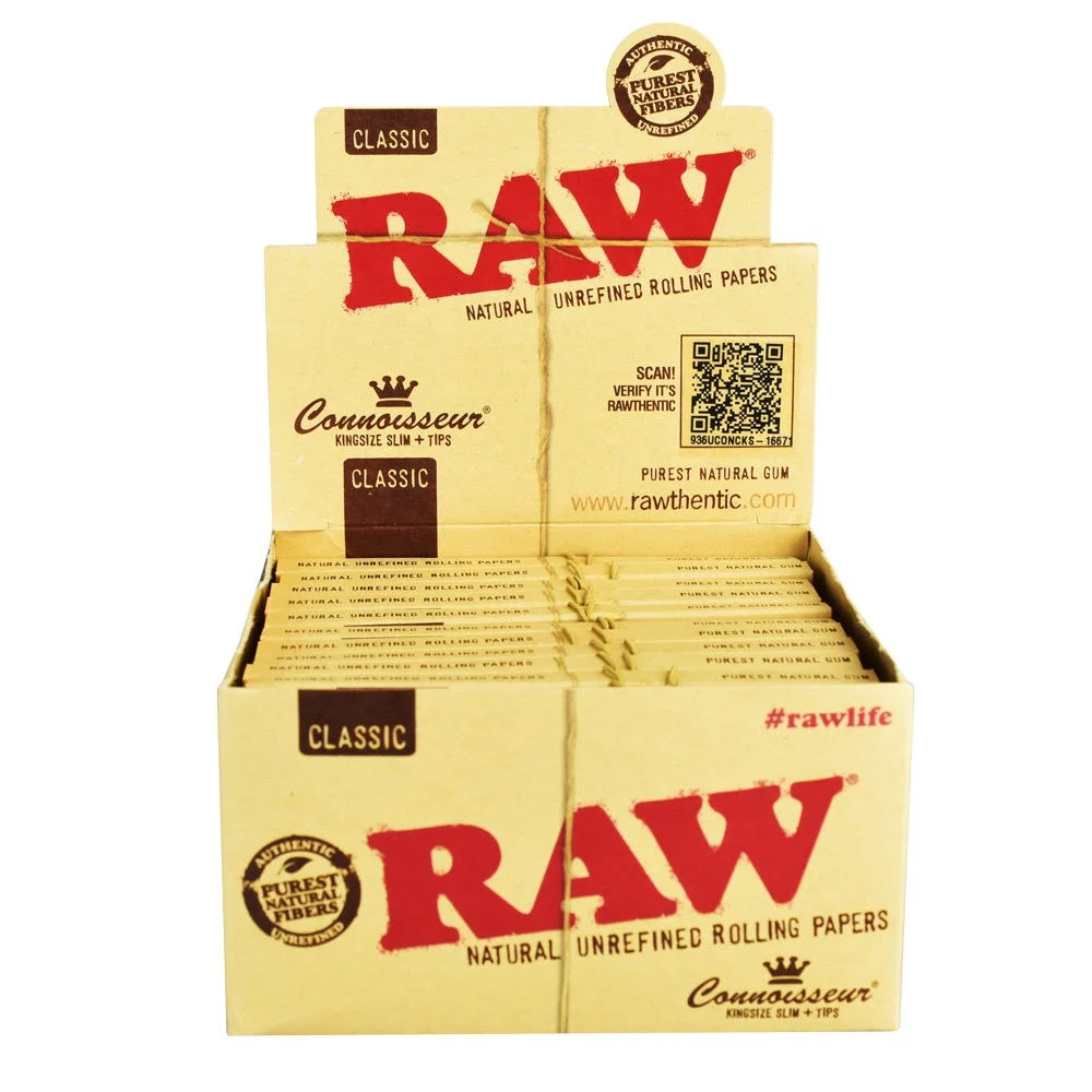 RAW Connoisseur Classic Rolling Papers & Tips | King Size Slim | 24pk Display - New