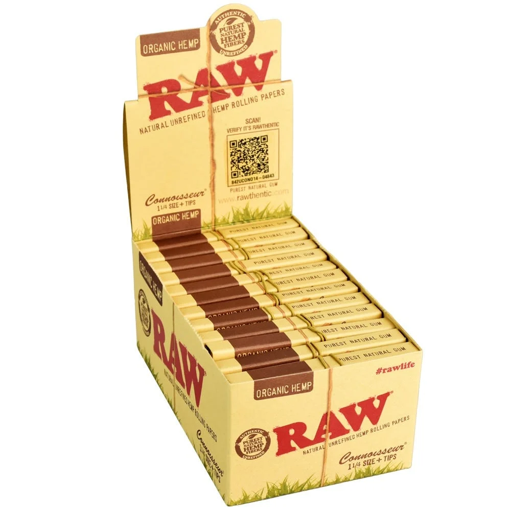 RAW Connoisseur Organic Hemp Rolling Papers & Tips | 1 1/4 | 24pk Display - New