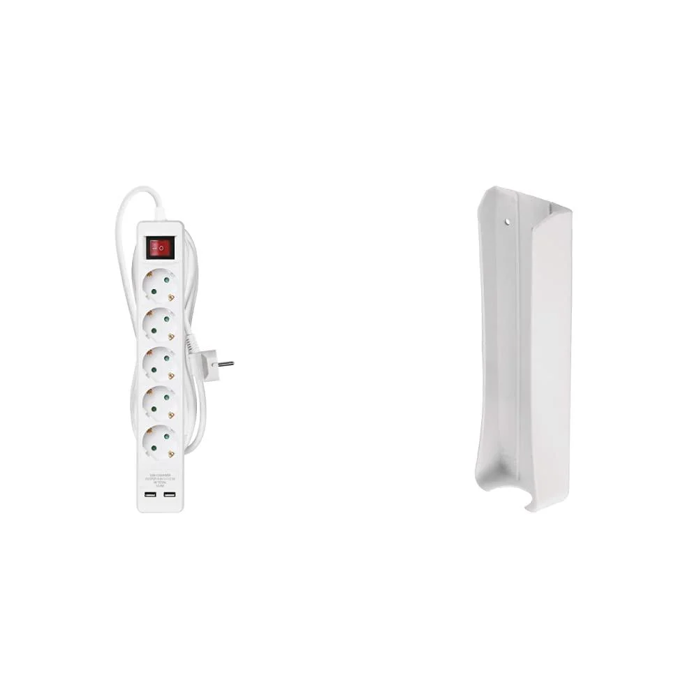 Emos socket strip with USB 5-fold multiple socket and 2x 2.1 A connection 3 m extension cable IP20 for inside 2.1a loading current & p0004c socket strip bracket white bundle with wall bracket for 5 or 6-fold