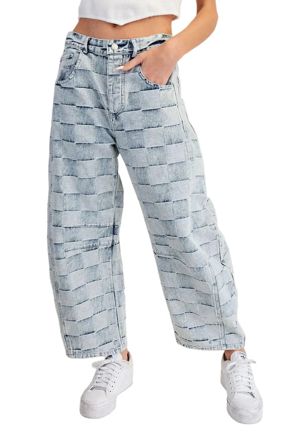 Checkered Barrel Leg Jeans – Acid Wash - EE:SOME