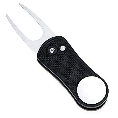 Mile High Life All Metal Foldable Golf Divot Tool with Pop-up Button & Magnetic Ball Marker (Multi-Colors/Shape) Black Bone