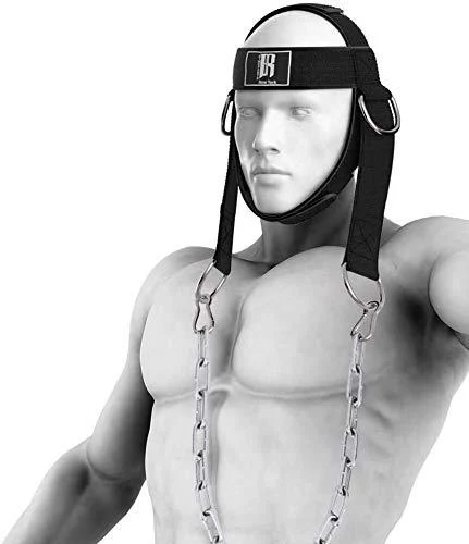 RIMSports Neck Harness for Weight Training - Neck Exercise Equipment for Neck Workout, Resistance Training and Weight Lifting - Adjustable Heavy Duty Head Harness with Steel Chain and Double D Rings Black