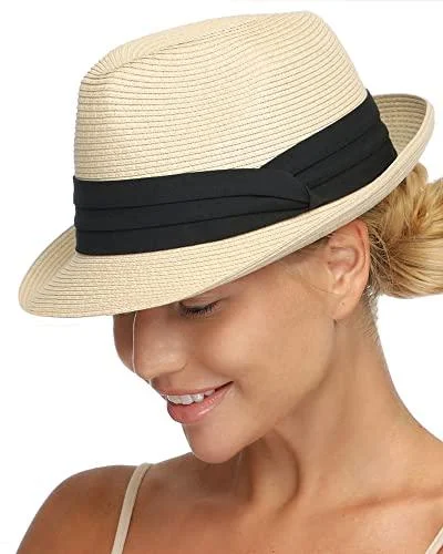 FURTALK Fedora Straw Sun Hat for Men Women Foldable Roll Up Short Brim Trilby Hat Panama Beach Hat UPF 50+ Beige Medium-Large