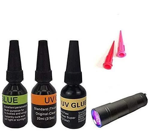 Riverruns UV Clear Glue Three Formula Thick,Thin and Super Flew +12 LED UV Power Light Fly Tying for Building Flies Flies Heads Bodies and Wings Tack Free UV glue combo