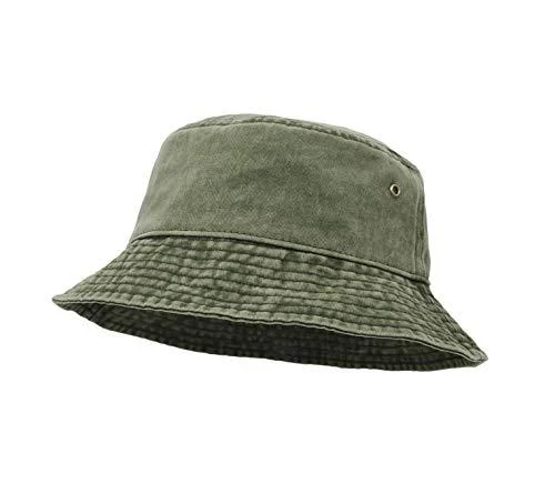 Bucket Hat, Wide Brim Washed Denim Cotton Outdoor Sun Hat Flat Top Cap for Fishing Hiking Beach Sports Army Green - UltraKey
