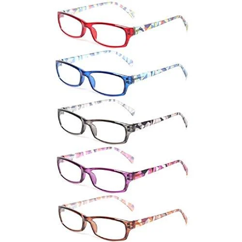 Kerecsen Reading Glasses 5 Pairs Fashion Ladies Readers Spring Hinge with Pattern Print Eyeglasses for Women Mix Color 2.5 x