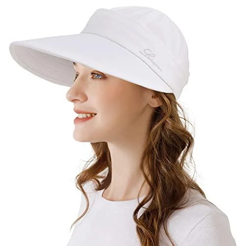 Womens Sun Hat, 2 in 1 Zip-Off Sun Protection Visor Beach Hat for Women, Packable Golf Hat White