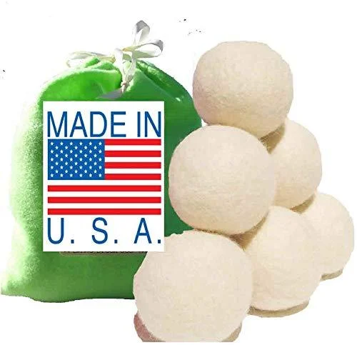 Six Eco-Friendly 100% Wool Dryer Balls with Free Eco-Felt Gift Bag Handmade in America 100% Premium Wool XL Natural and Unscented (Green) Green Bag