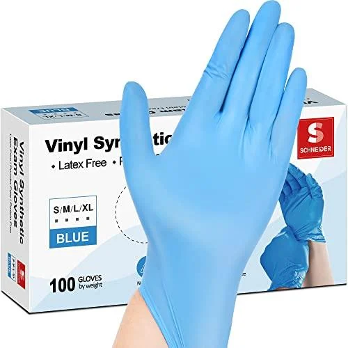 Schneider Vinyl Synthetic Exam Gloves, Blue, 4mil, Powder-Free, Latex-Free, Disposable Glove for Medical, Food Prep, Cleaning 100 Large (Pack of 100)
