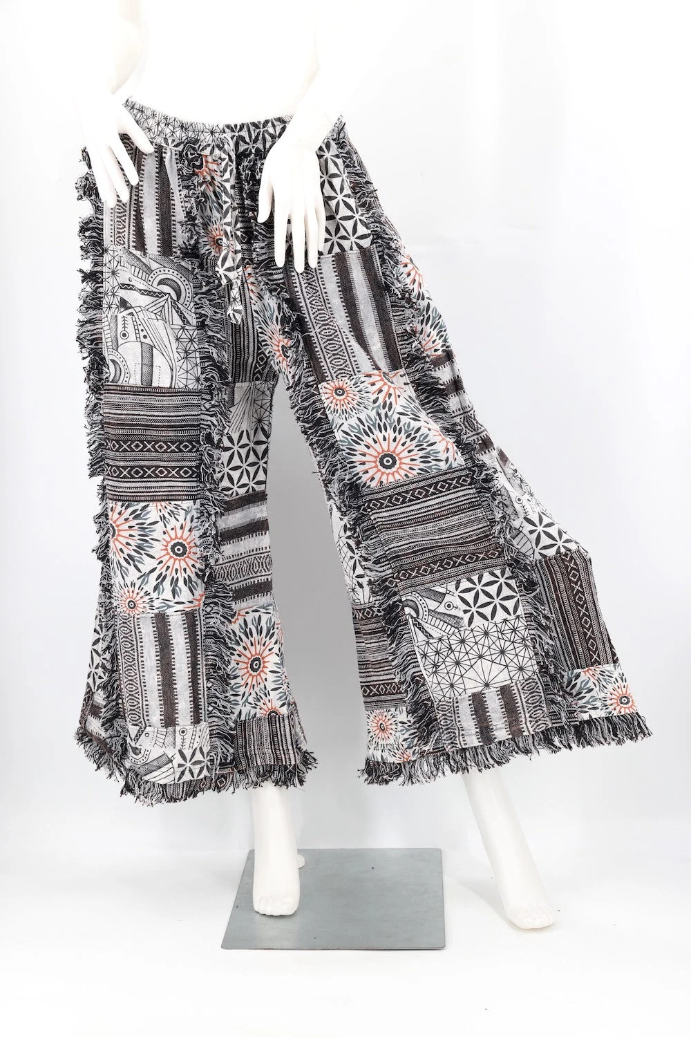 Fringed Gheri Patchwork Wide Leg Pants - HIMALAYA HANDMADE LLC