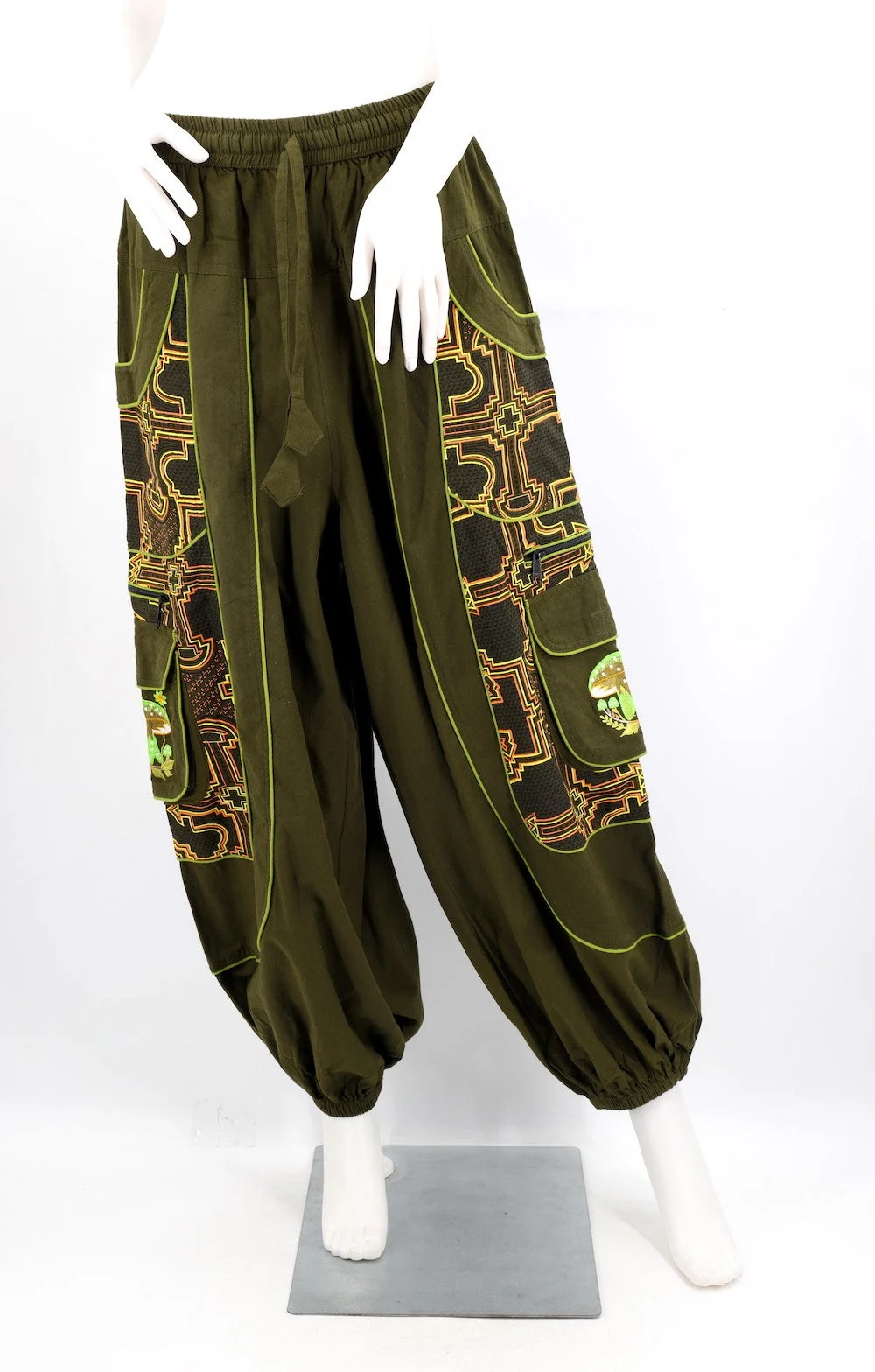 Geometric Tribal Harem Cargo Pants with Mushroom Embroidery - HIMALAYA HANDMADE LLC