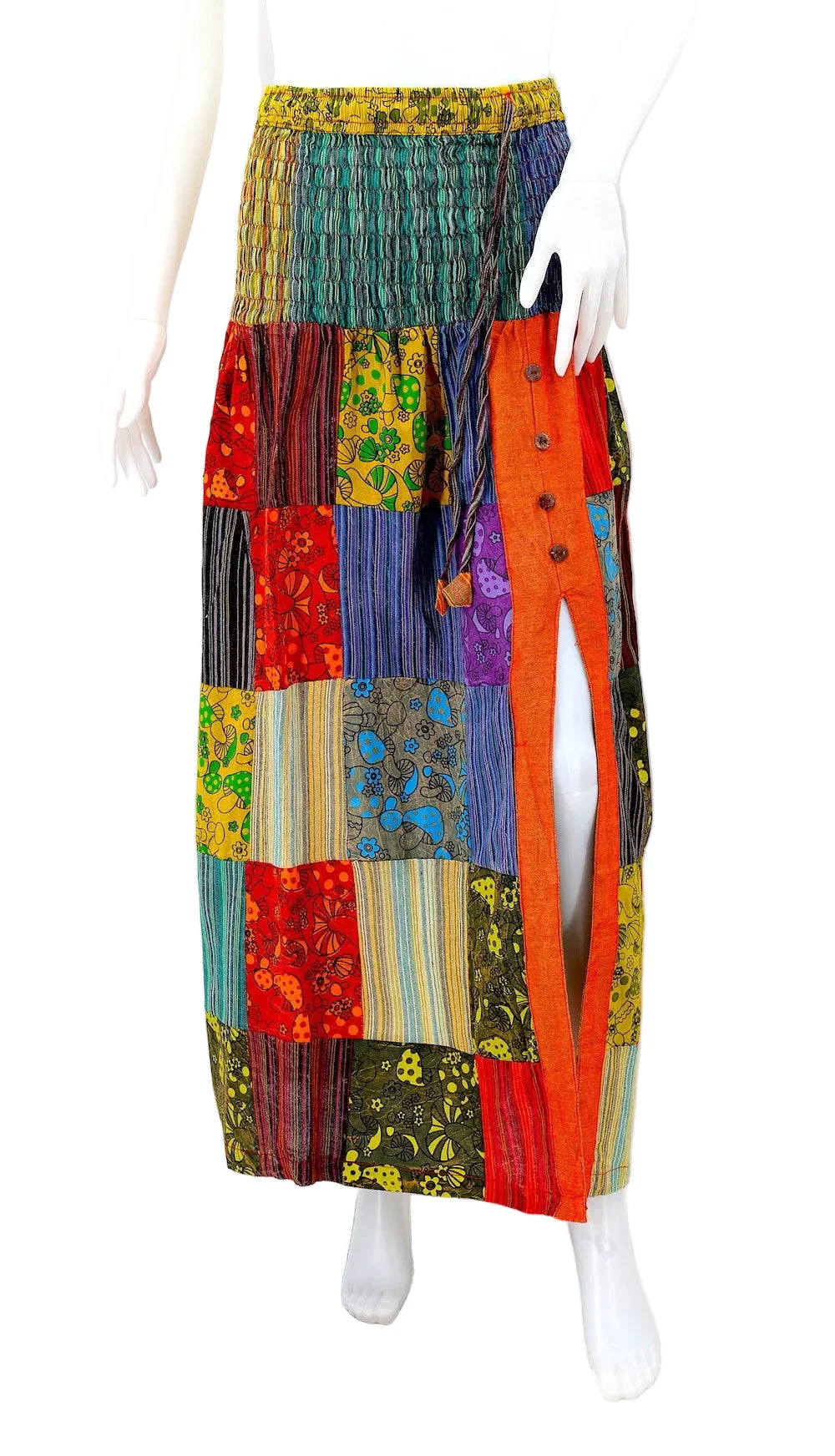 Mushroom Patchwork Maxi Skirt with Side Slit - HIMALAYA HANDMADE LLC