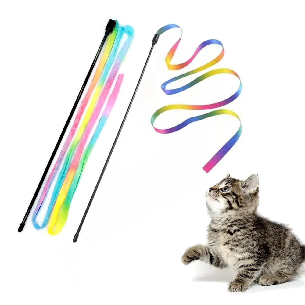 Interactive Cat Rainbow Wand Toys, Interactive Cat Teaser Wand String, Colorful Ribbon Charmer for Kittens - 2 PCS