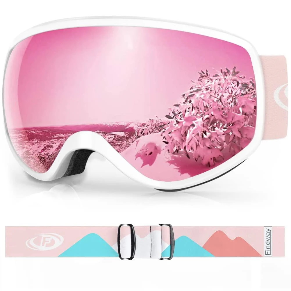 findway Kids Ski Goggles, Kids Snowboard Goggles for Boys Girls Toddler Age 3-14 White Frame Pink Silver Lens(vlt 21%)